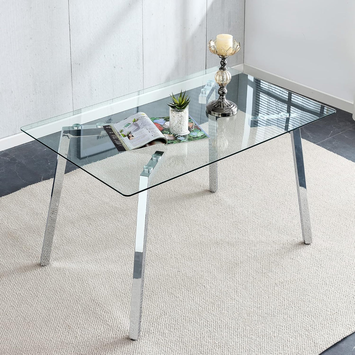 Rectangular Glass Dining Table with Tempered Glass Top and Silver Metal Legs M571408