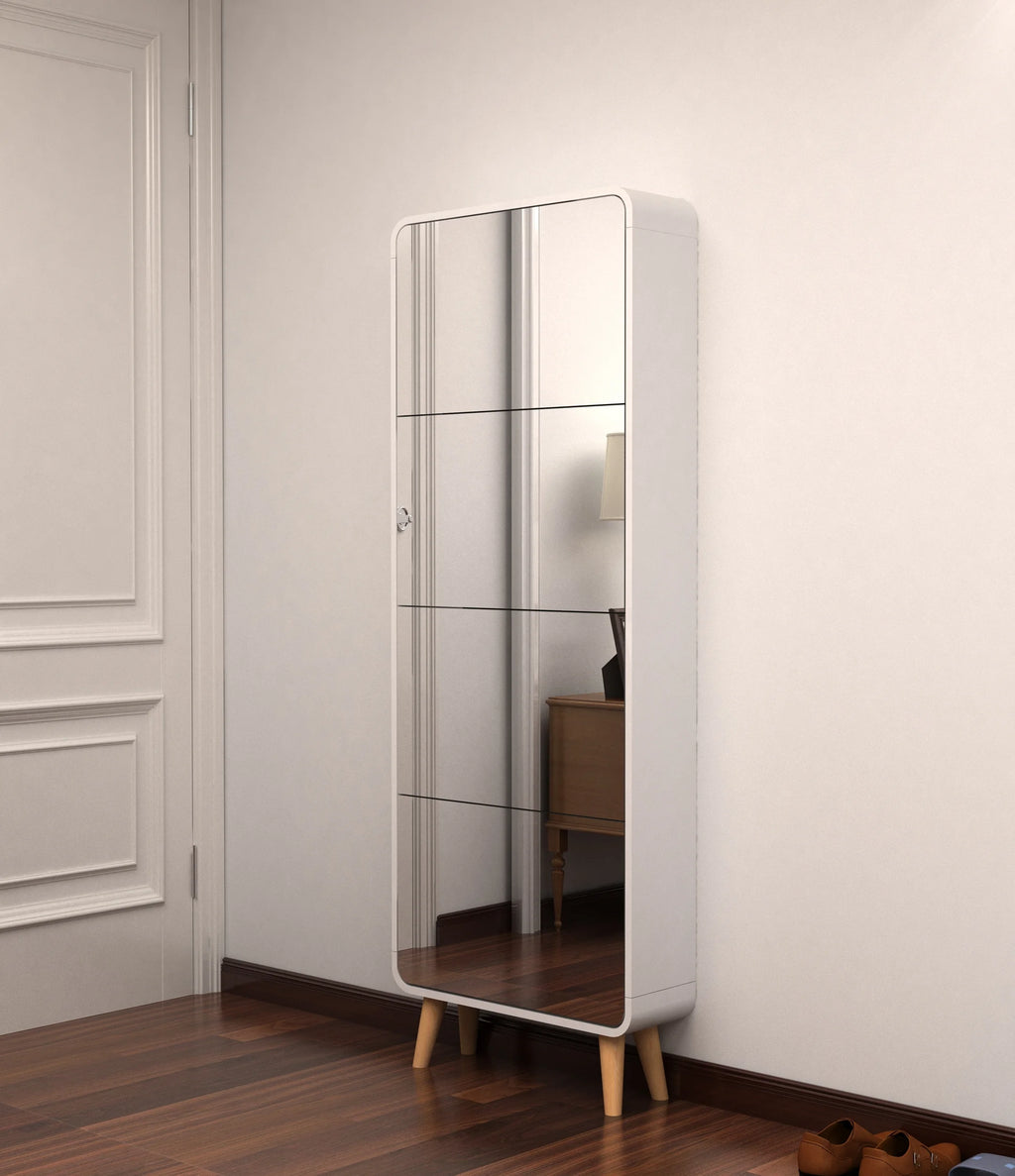 White 4 Flip Drawers Wood Shoe Cabinet with Mirror E31236
