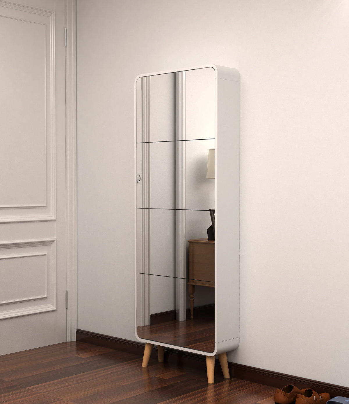 White 4 Flip Drawers Wood Shoe Cabinet with Mirror E31236