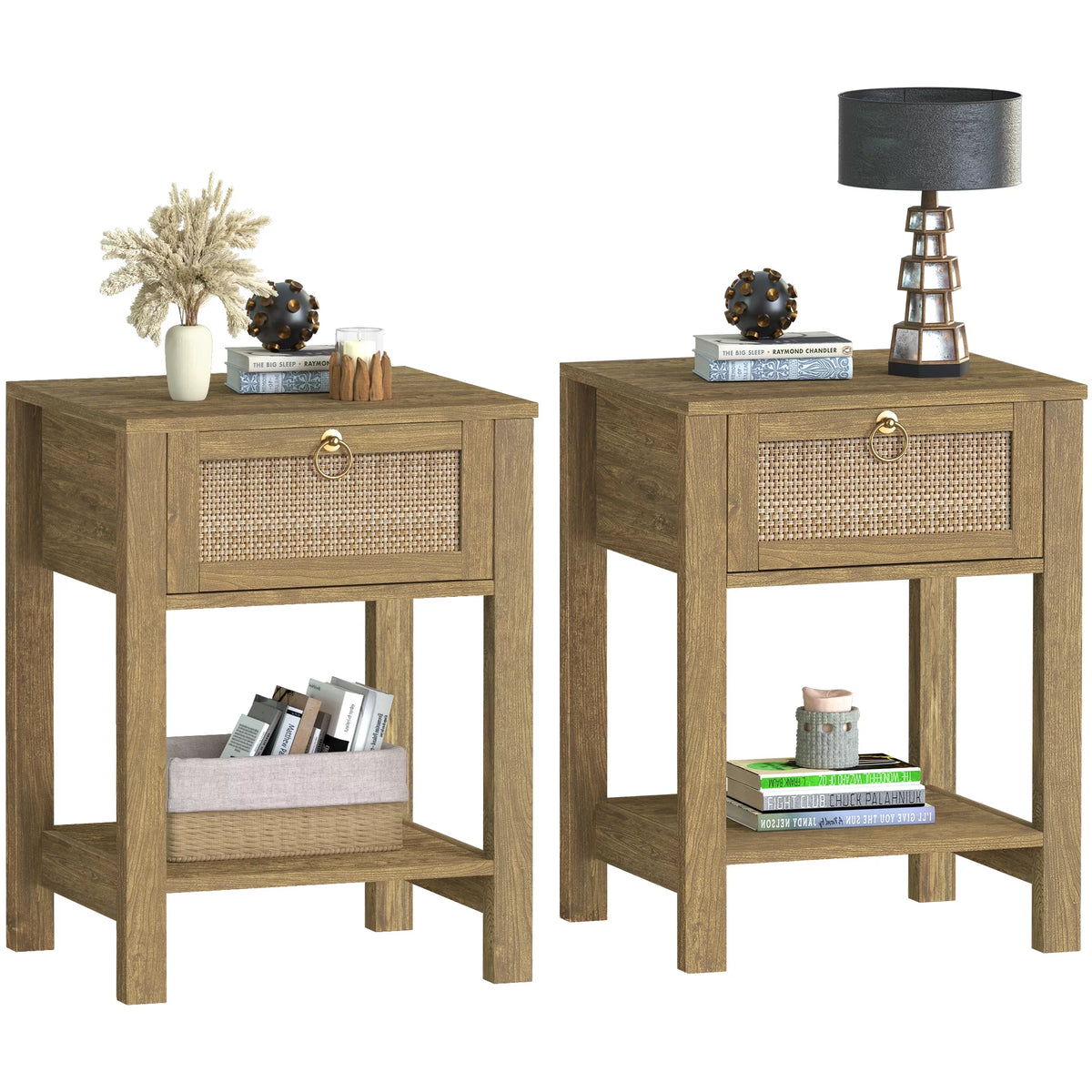 White Nightstand Set of 2 with Rattan Drawer and Open Storage Shelf J8894