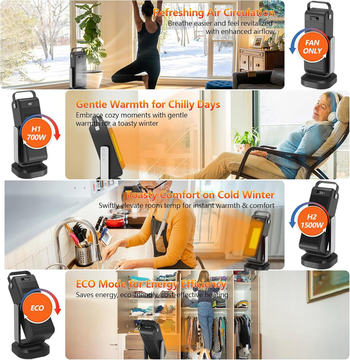 3D Oscillating Portable Electric Heater with Thermostat D43501