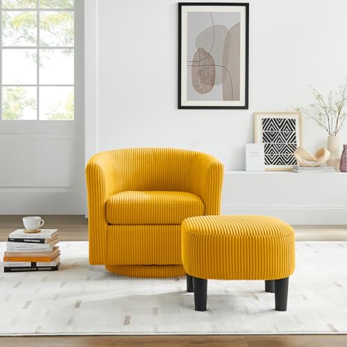 Black Corduroy Swivel Barrel Accent Chair with Ottoman N41439