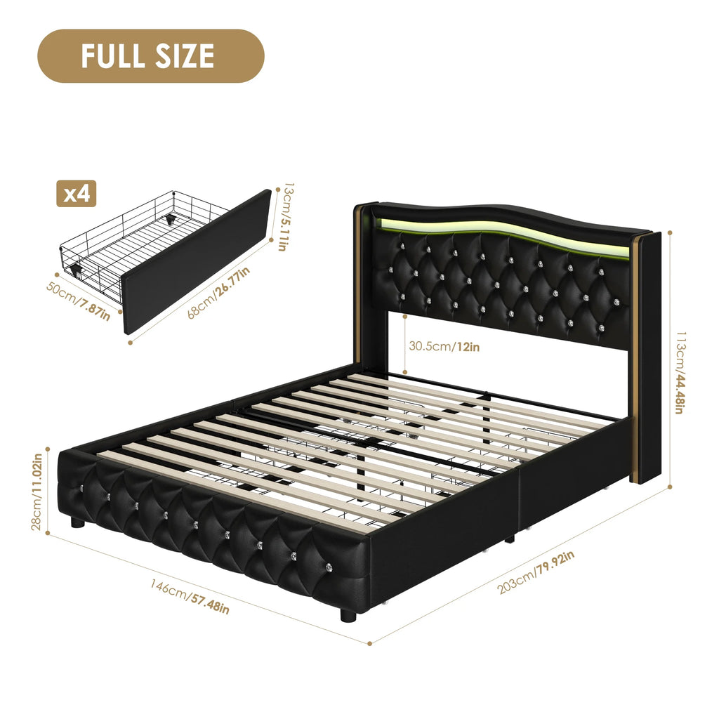 White Queen Size LED Bed Frame with 4 Storage Drawers B655