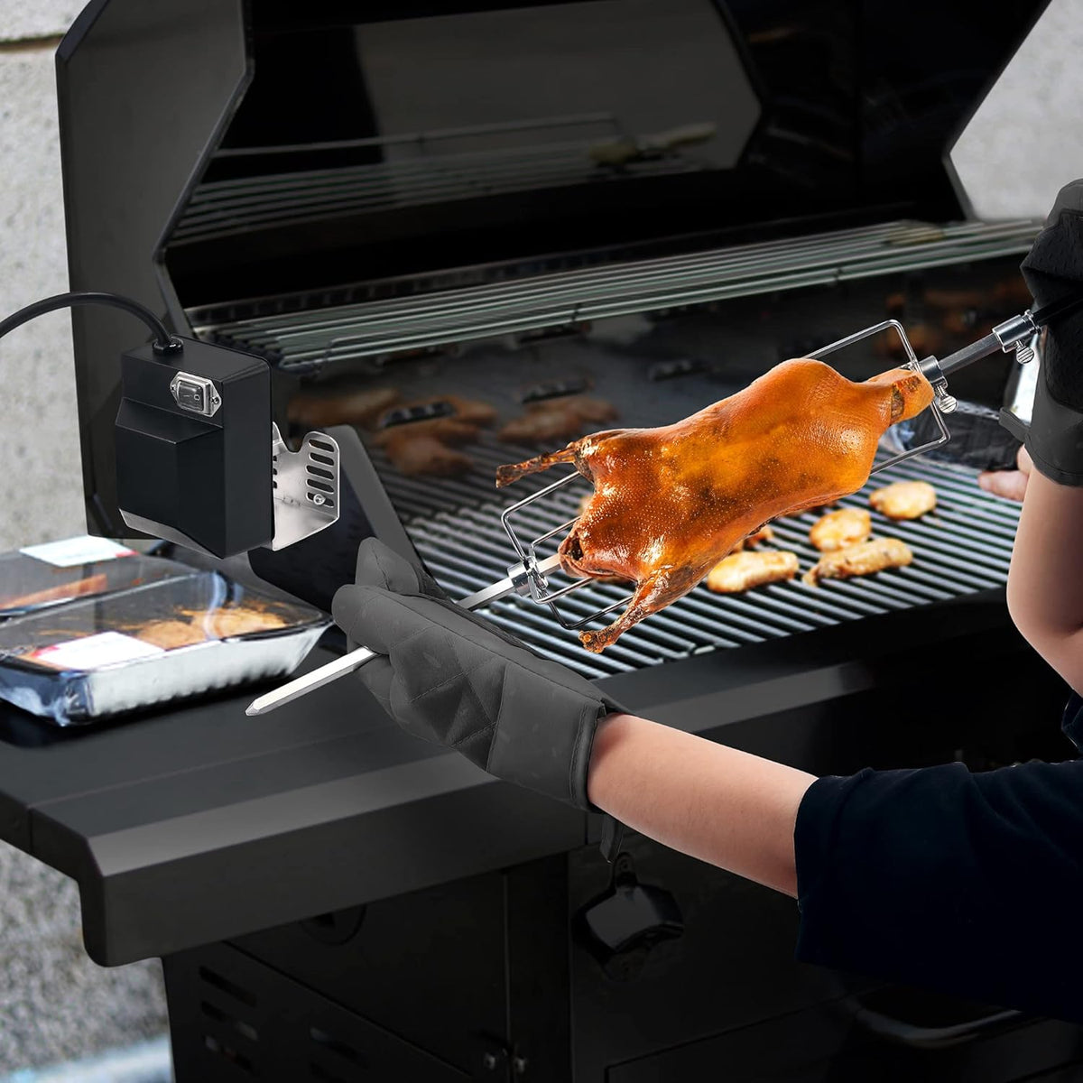 Universal Rotisserie Grill Kit with 120V 4W Motor, 28'' Spit Rod, 2 x 4 Forks R52000