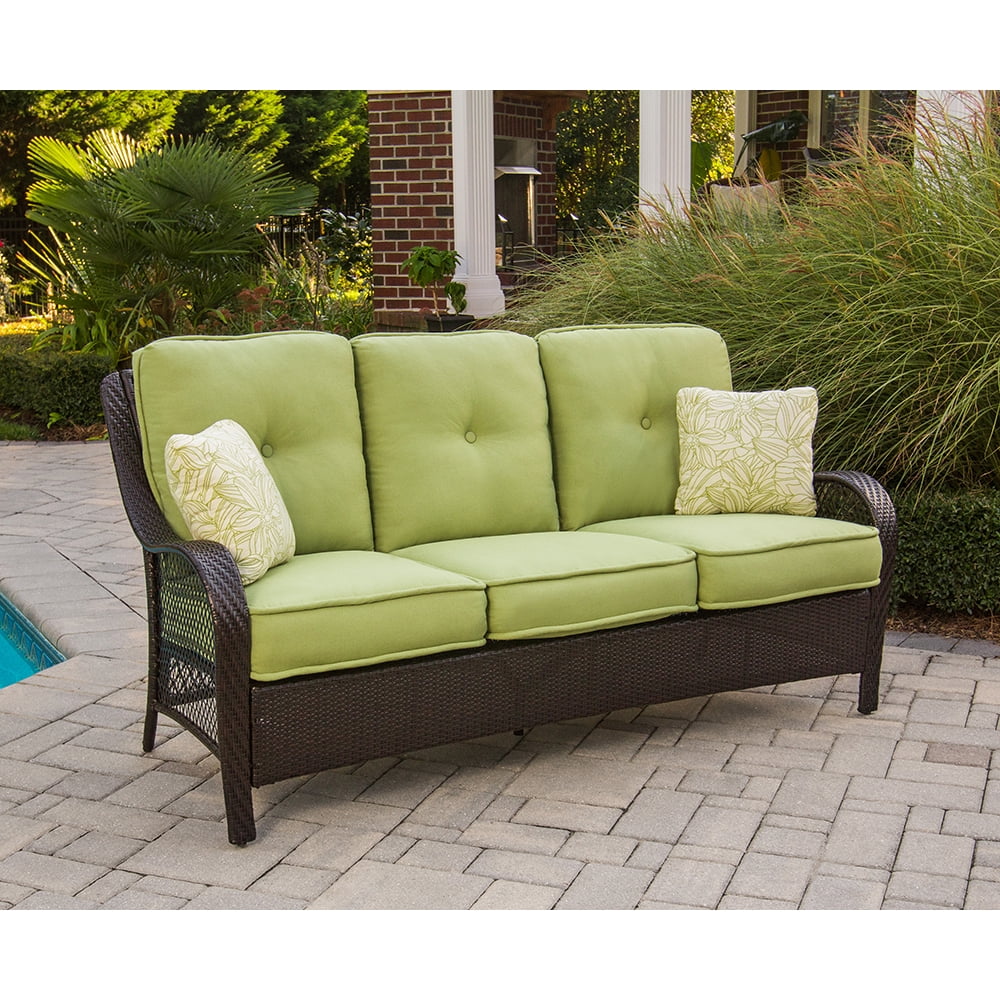 2-Piece Steel Outdoor Patio Deep Seating Set with Brown Wicker, Sofa, Avocado Green Cushions, 2 Pillows and Glass Top Rectangular Coffee Table V637