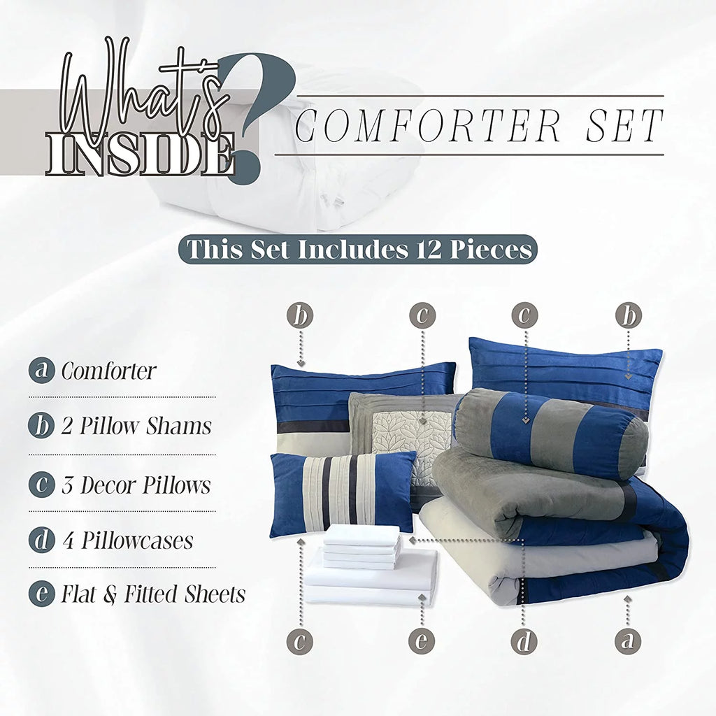 12-Piece Blue Microsuede Comforter Set Full/Queen F304
