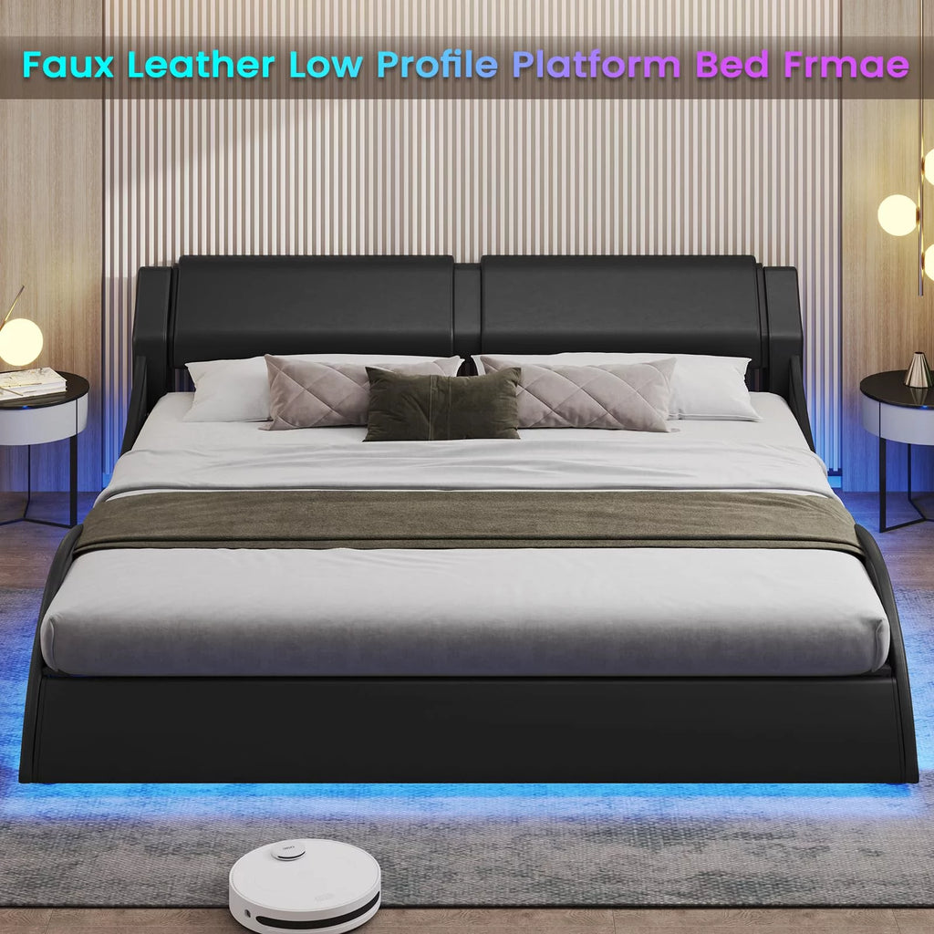King Size Faux Leather Platform Bed Frame with Headboard and LED Lights E3454
