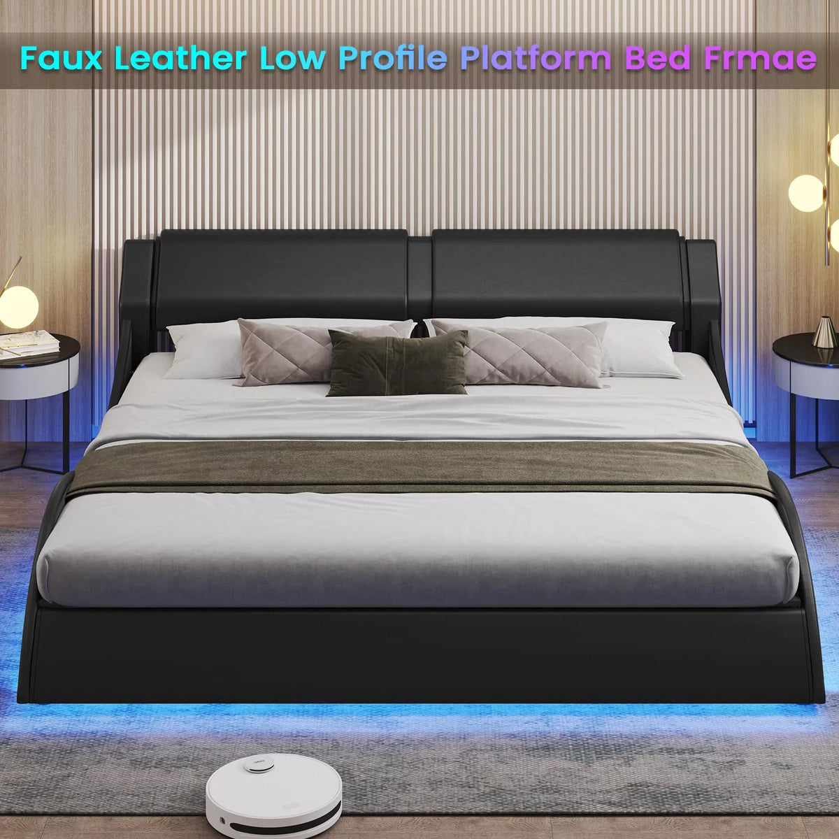 King Size Faux Leather Platform Bed Frame with Headboard and LED Lights E3454