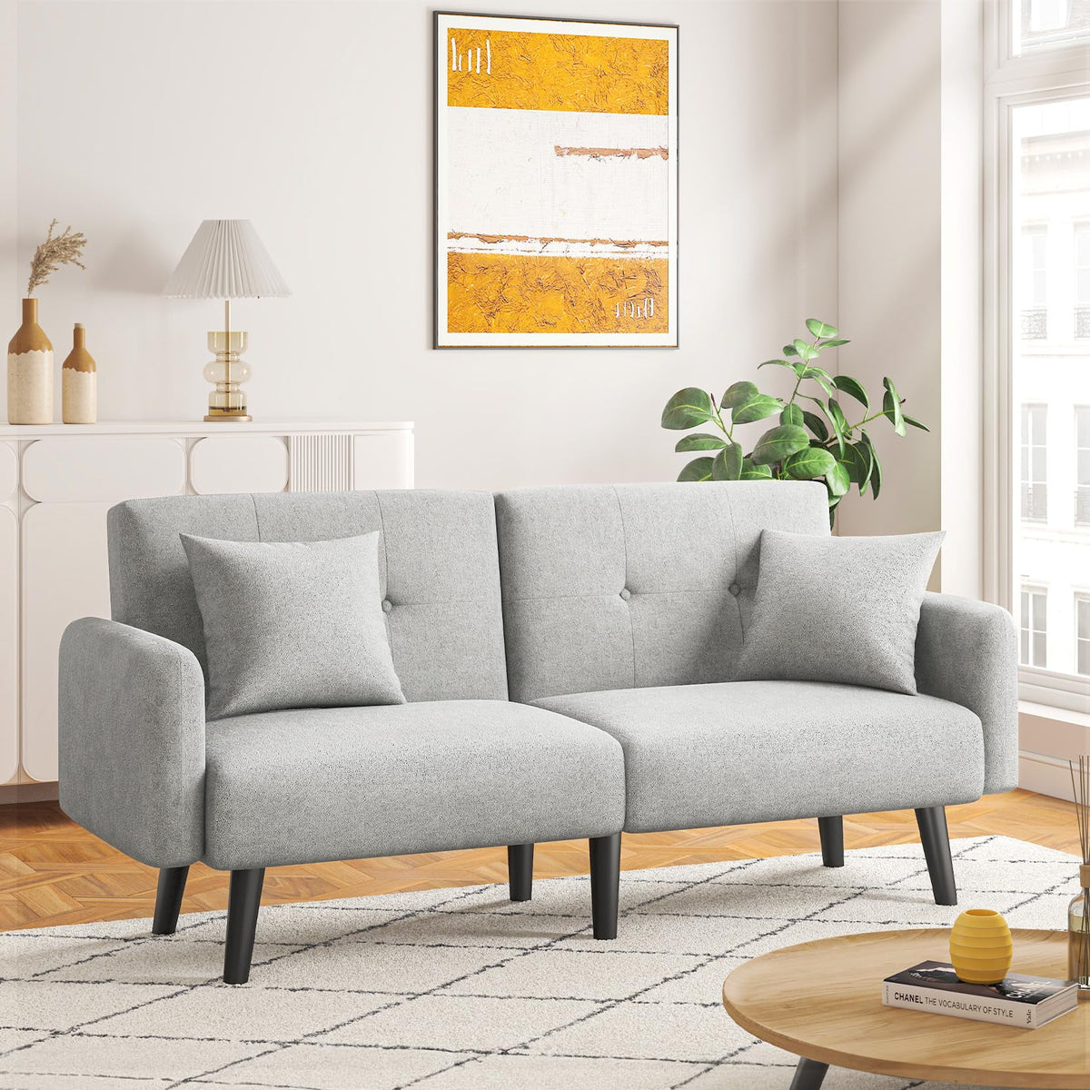 Light Grey Convertible Futon Sofa Bed with 2 Pillows N4551