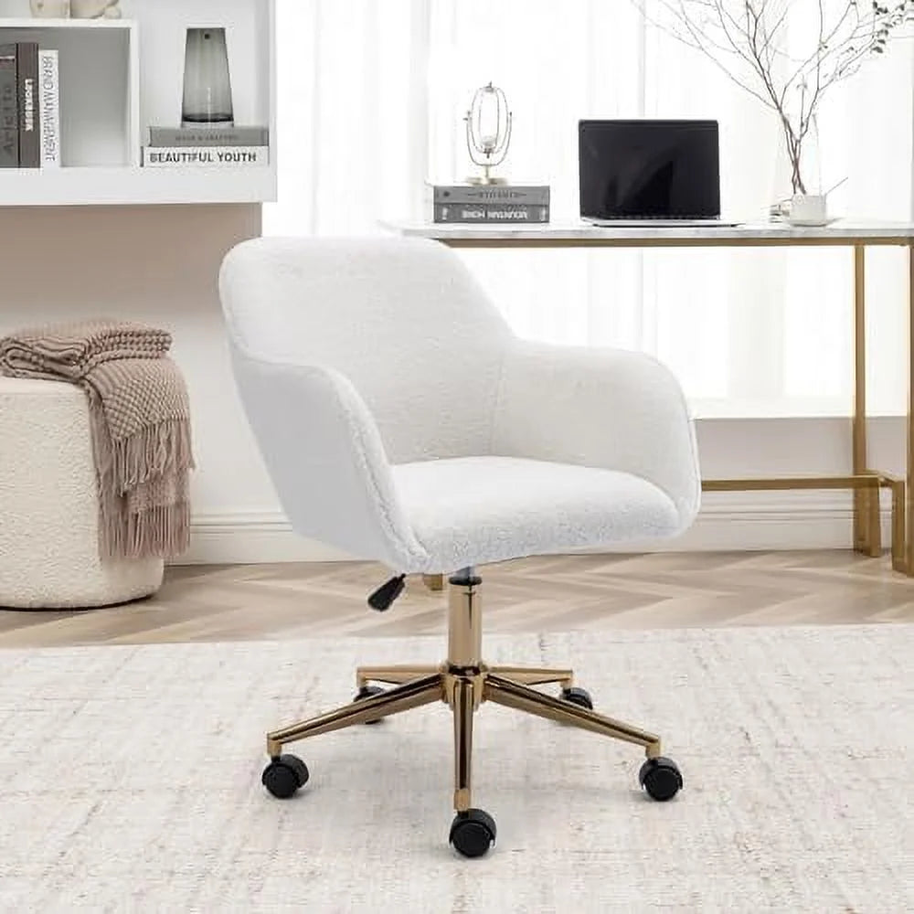 White Sherpa Desk Chair with Wheels and Arms L623955