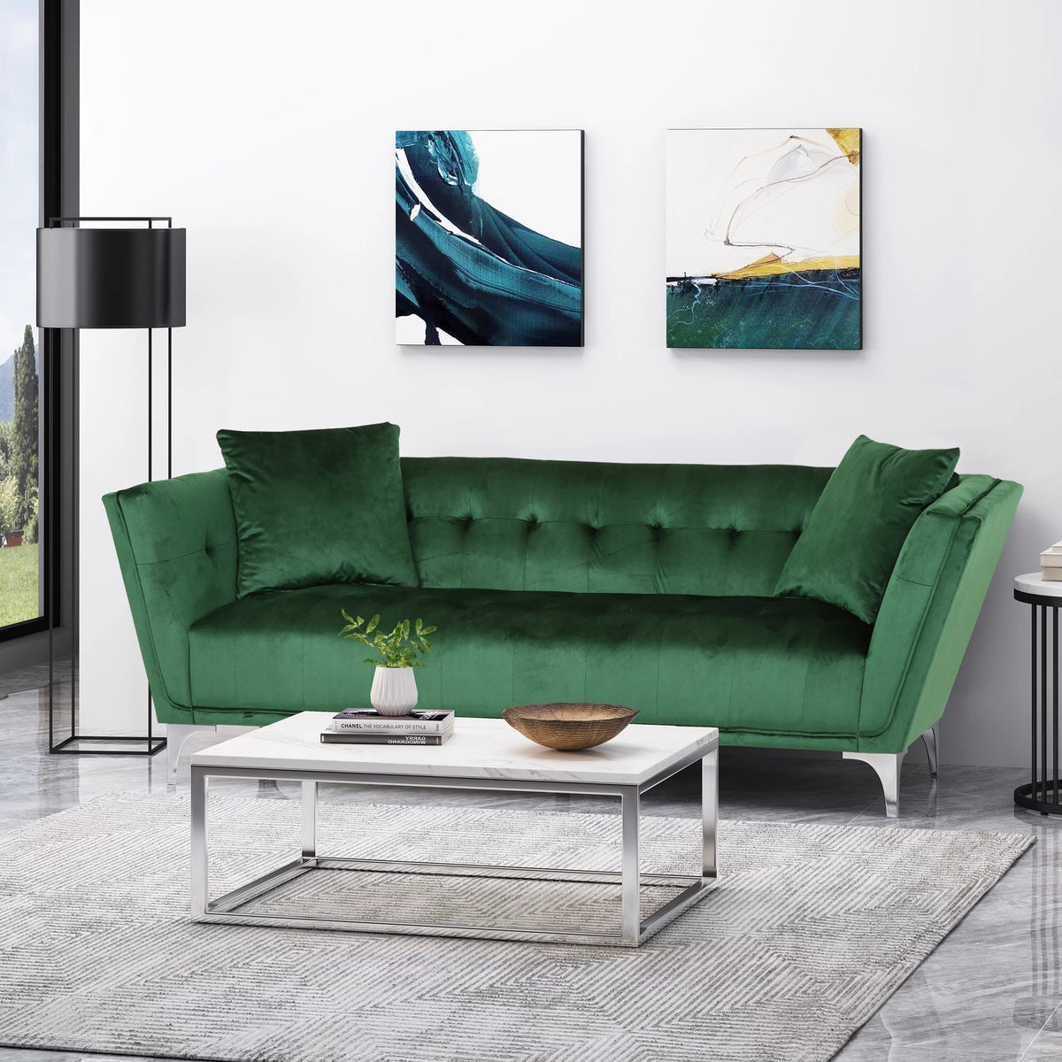 Modern Glam Velvet Tufted 3 Seater Sofa with Accent Pillows S761168