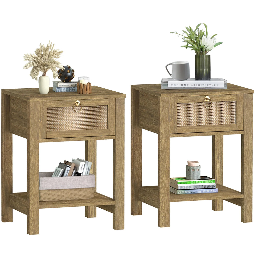 White Nightstand Set of 2 with Rattan Drawer and Open Storage Shelf J8894