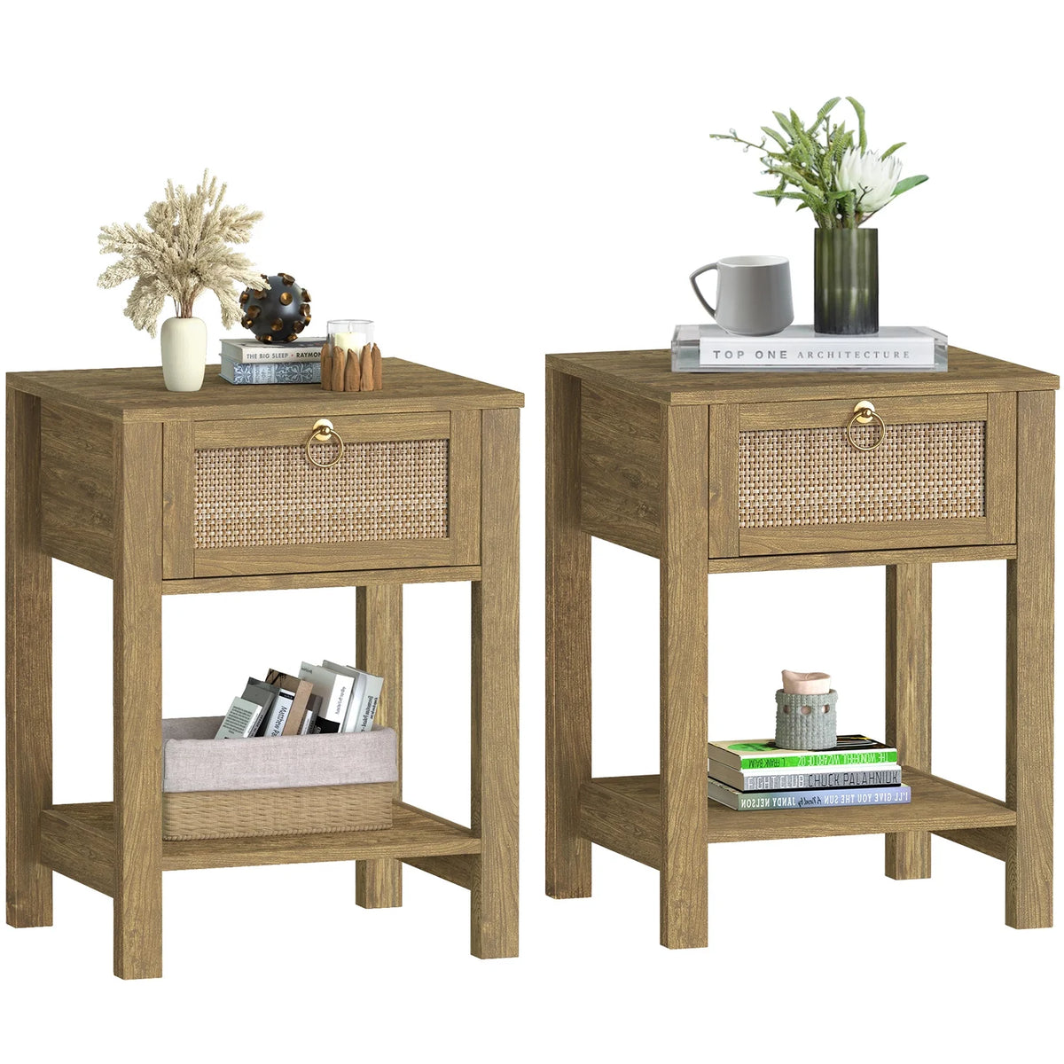 White Nightstand Set of 2 with Rattan Drawer and Open Storage Shelf J8894