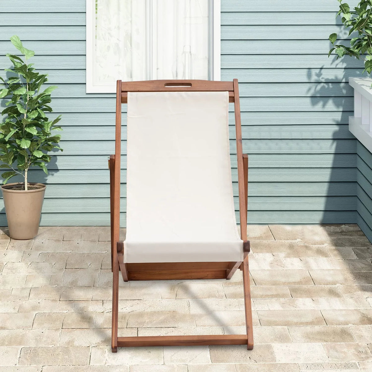 Outdoor Wooden Patio Lounge Chair 2 Set Beach Sling Chair Portable Reclining Solid Wood Frame White Polyester Canvas Khaki T41953