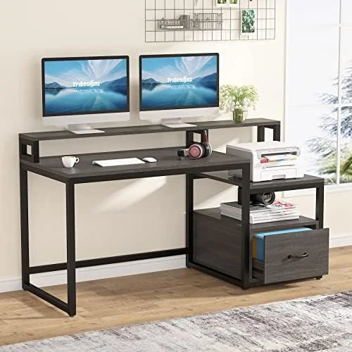 60 inch Grey Computer Desk with File Drawer and Shelves A621