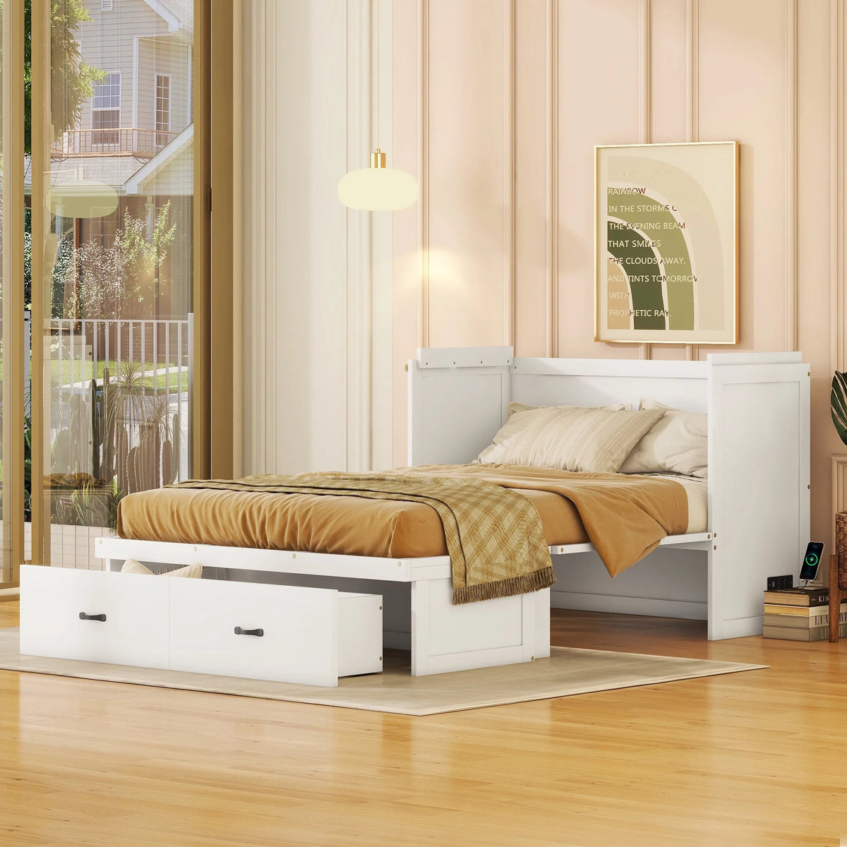 White Full Wood Platform Bed with USB Port and Drawer E466
