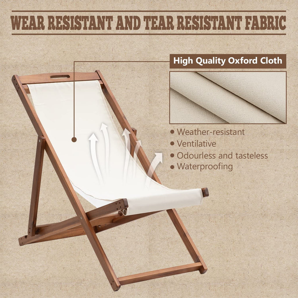 Outdoor Wooden Patio Lounge Chair 2 Set Beach Sling Chair Portable Reclining Solid Wood Frame White Polyester Canvas Khaki T41953