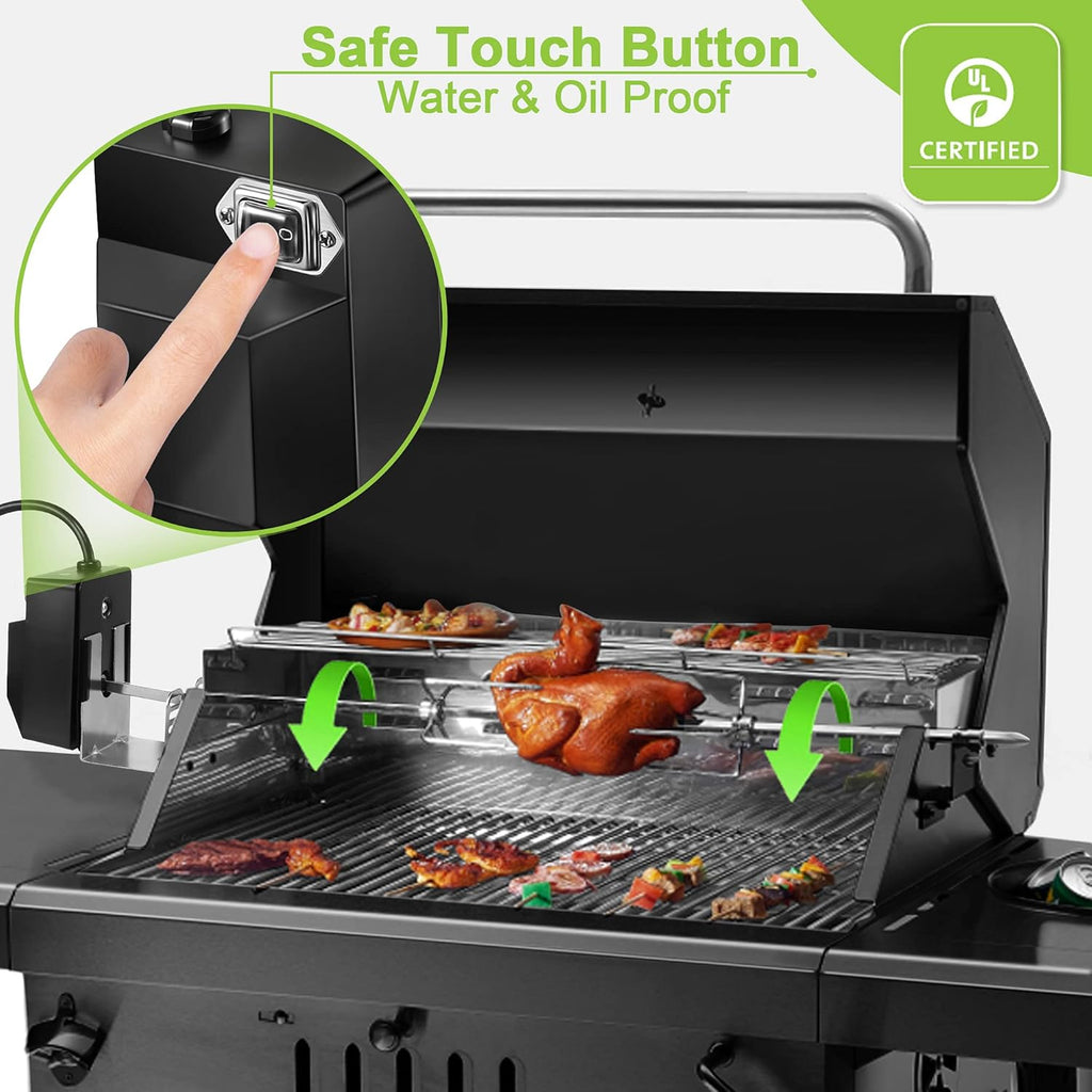 Universal Rotisserie Grill Kit with 120V 4W Motor, 28'' Spit Rod, 2 x 4 Forks R52000