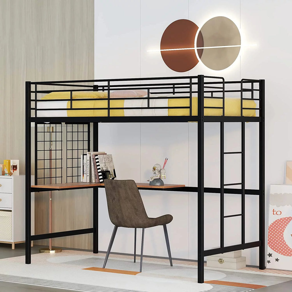 Metal Loft Bed with L-Shape Desk and Guardrails G136593