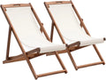Outdoor Wooden Patio Lounge Chair 2 Set Beach Sling Chair Portable Reclining Solid Wood Frame White Polyester Canvas Khaki T41953