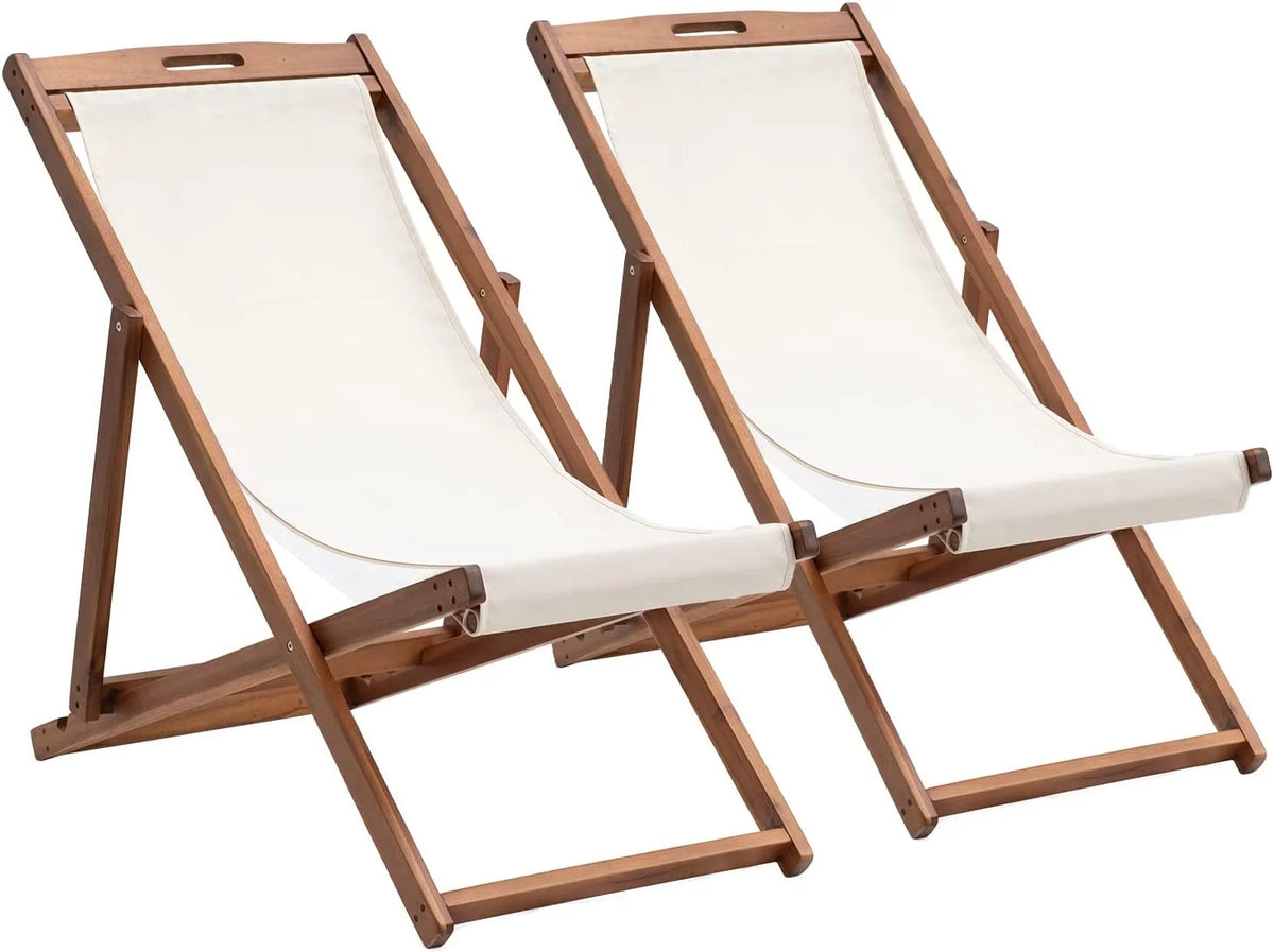 Outdoor Wooden Patio Lounge Chair 2 Set Beach Sling Chair Portable Reclining Solid Wood Frame White Polyester Canvas Khaki T41953