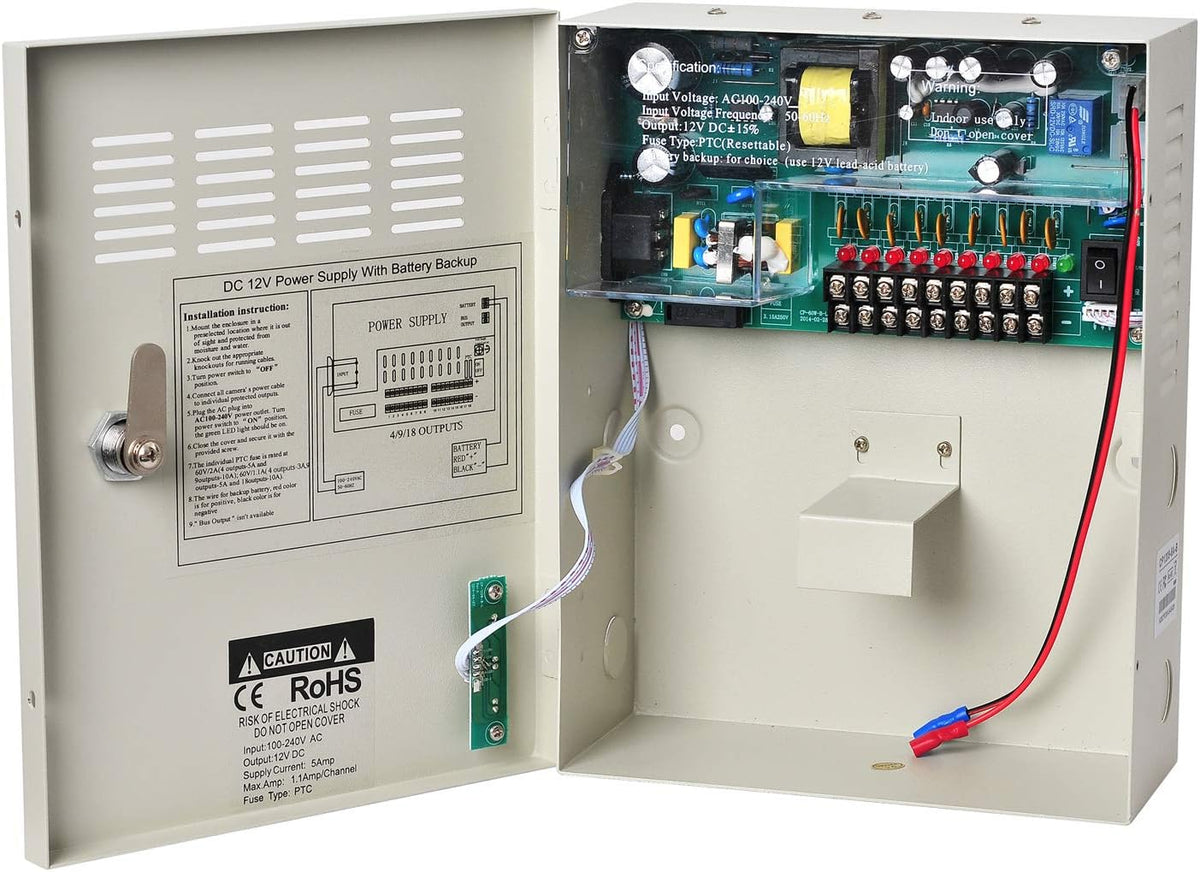 9 Channel 12V 5Amp DC Metal Boxed Cabinet Regulated UPS Power Supply Unit O293316