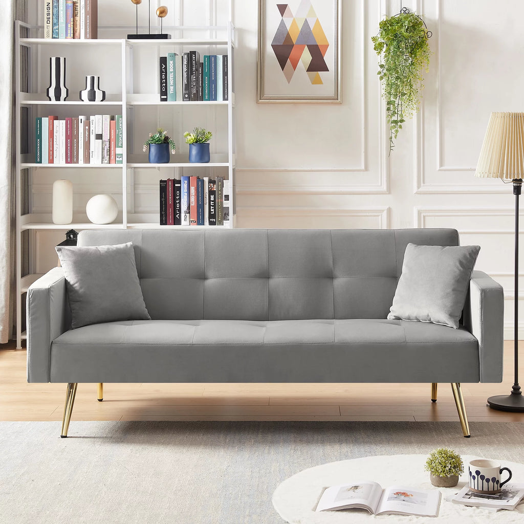 Gray Velvet Convertible Sofa Bed with 2 Pillows W808538