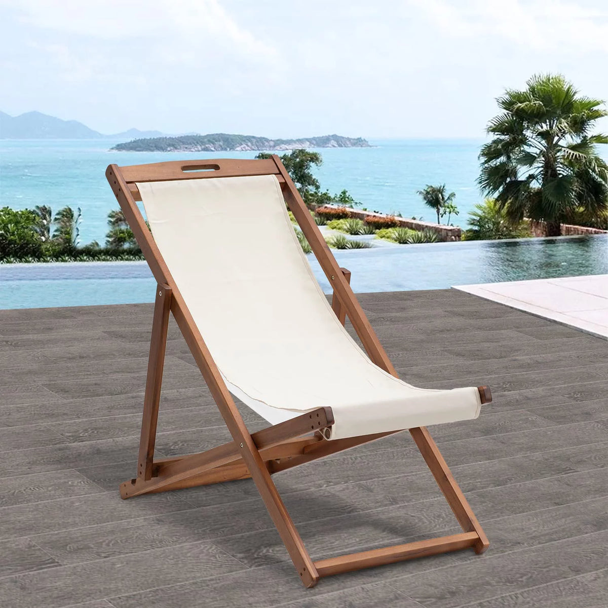 Outdoor Wooden Patio Lounge Chair 2 Set Beach Sling Chair Portable Reclining Solid Wood Frame White Polyester Canvas Khaki T41953