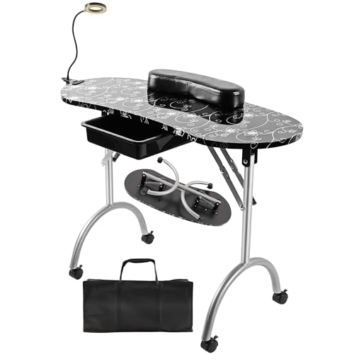 Pink Portable Manicure Nail Table with Drawer, LED Lamp, 4 Lockable Wheels, Carry Bag, Wrist Cushion, 30" H A5274