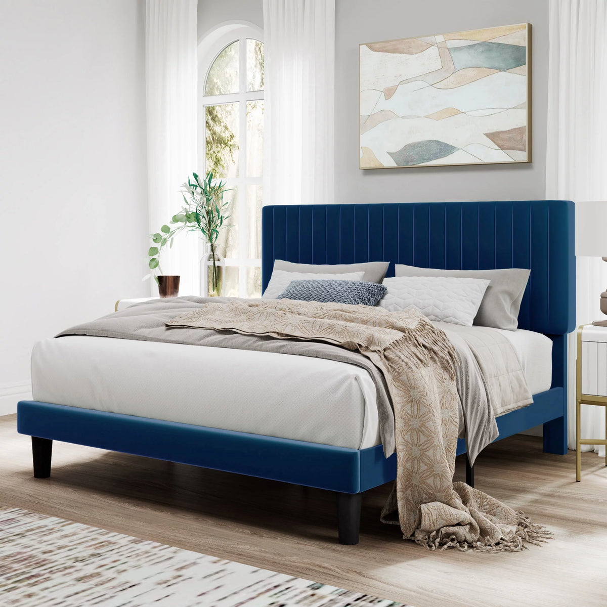 Pink Queen Size Upholstered Platform Bed Frame with Velvet Headboard Z50761