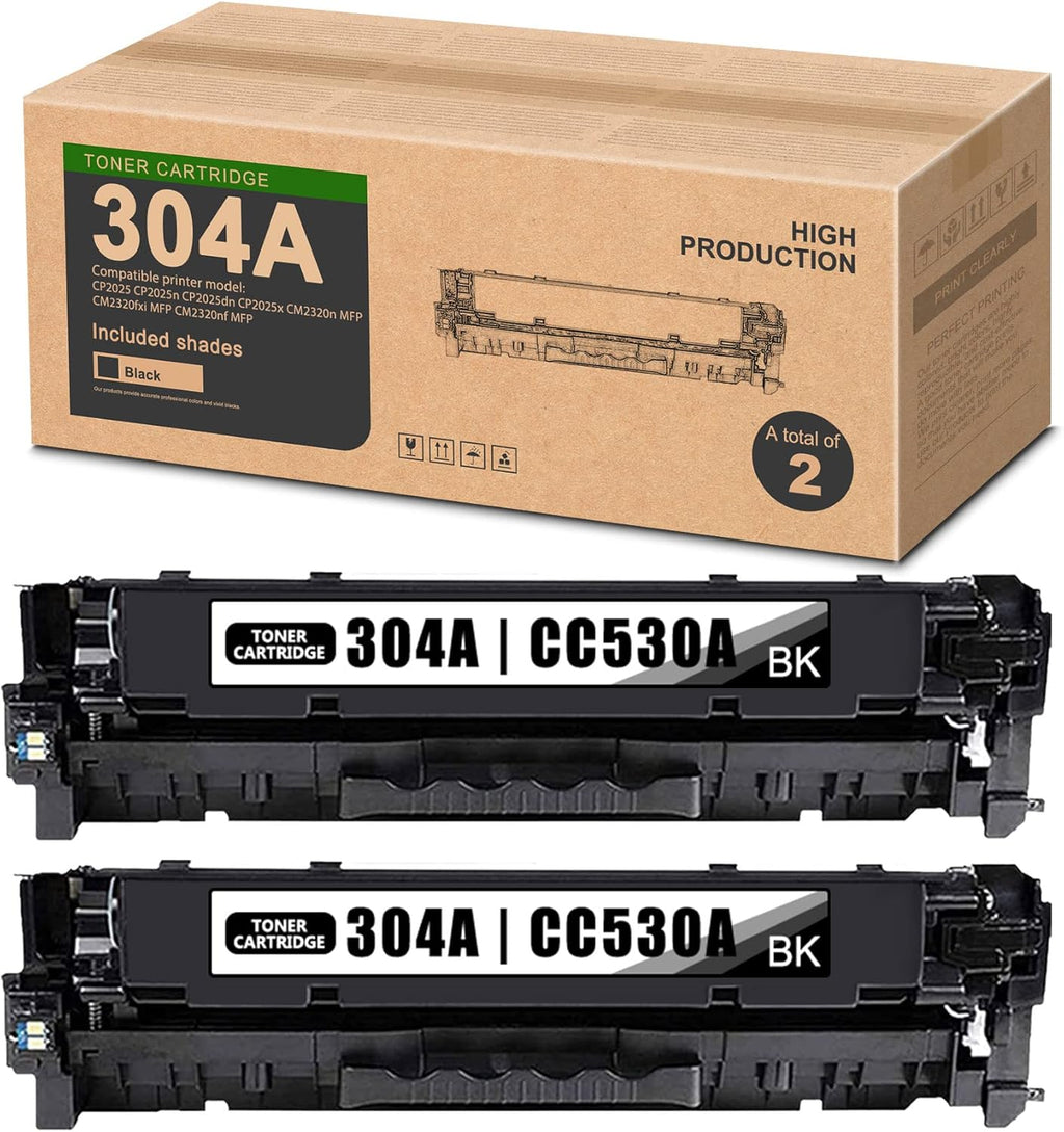 2-Black 304A CC530A Toner Cartridge Replacement for HP CM2320n CM2320fxi CM2320nf CP2025 CP2025n CP2025dn CP2025x Printer E10098