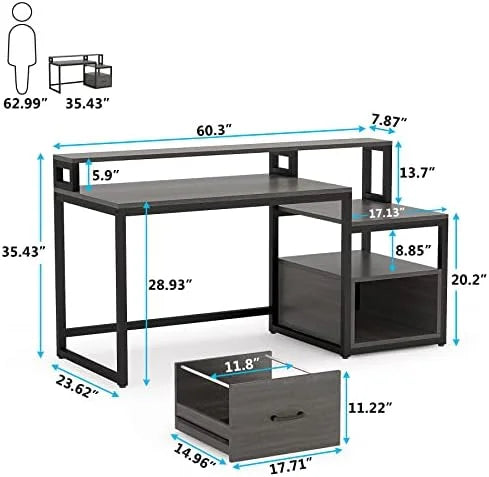 60 inch Grey Computer Desk with File Drawer and Shelves A621