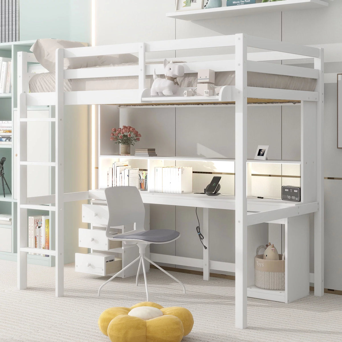 White Twin Size Loft Bed with Built-in Desk and 3 Drawers Y535