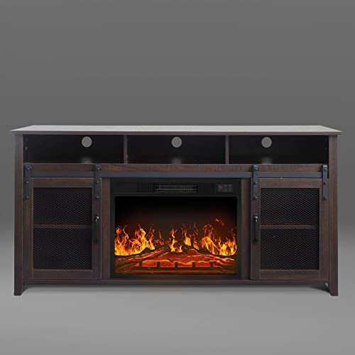 White Oak Fireplace TV Stand with Open Storage Shelves and Cabinets I121316