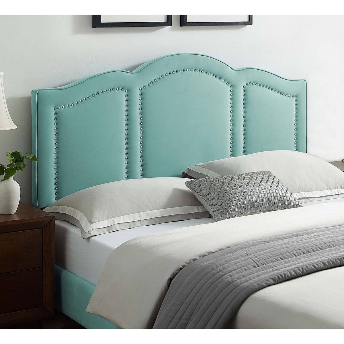 Light Green Velvet King Size Headboard with Nailhead Trim Y915