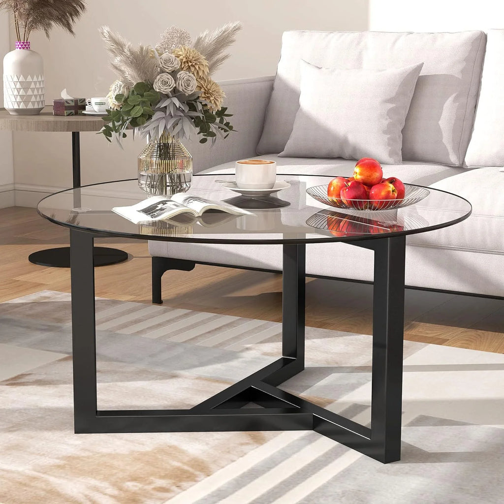 Glass Round Coffee Table with Wood Base Black Y3542