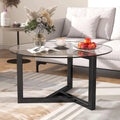 Glass Round Coffee Table with Wood Base Black Y3542