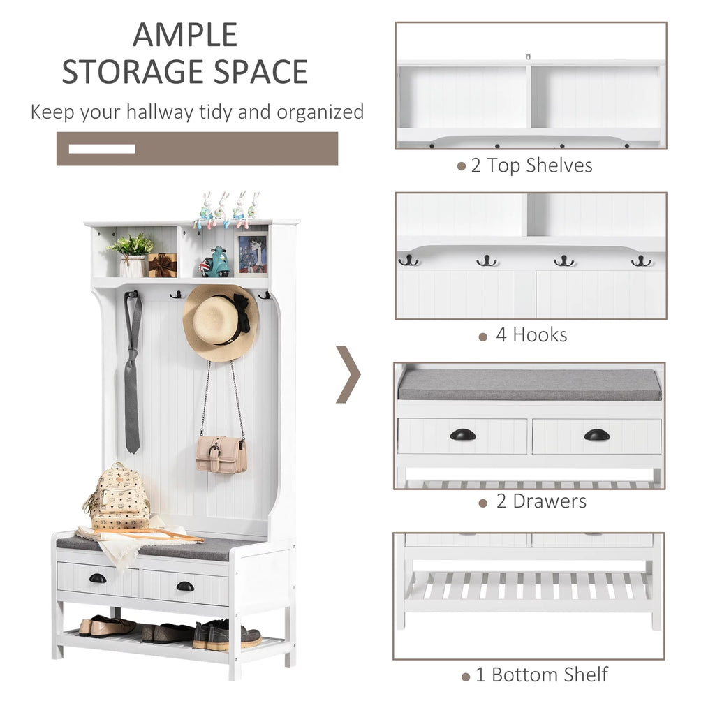 White Coat Rack and Bench with 4 Hooks, 2 Drawers I581