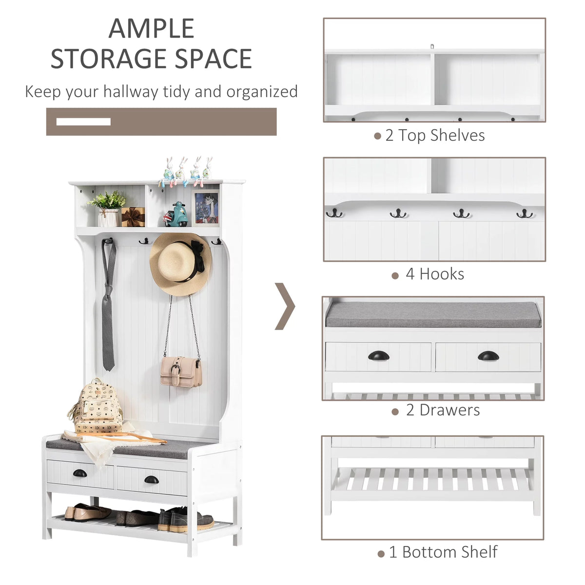 White Coat Rack and Bench with 4 Hooks, 2 Drawers I581