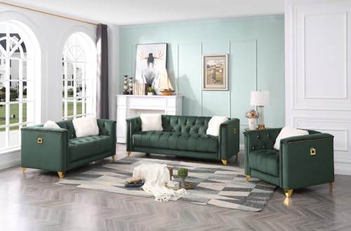 Green Deep Button Tufted Upholstered Sofa with Gold Legs F900