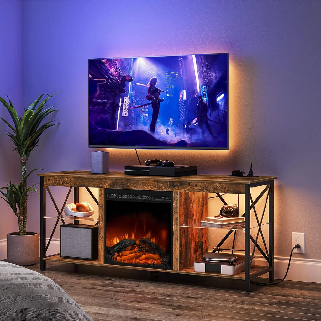 Rustic Brown Fireplace TV Stand with Led Lights and Power Outlets X613