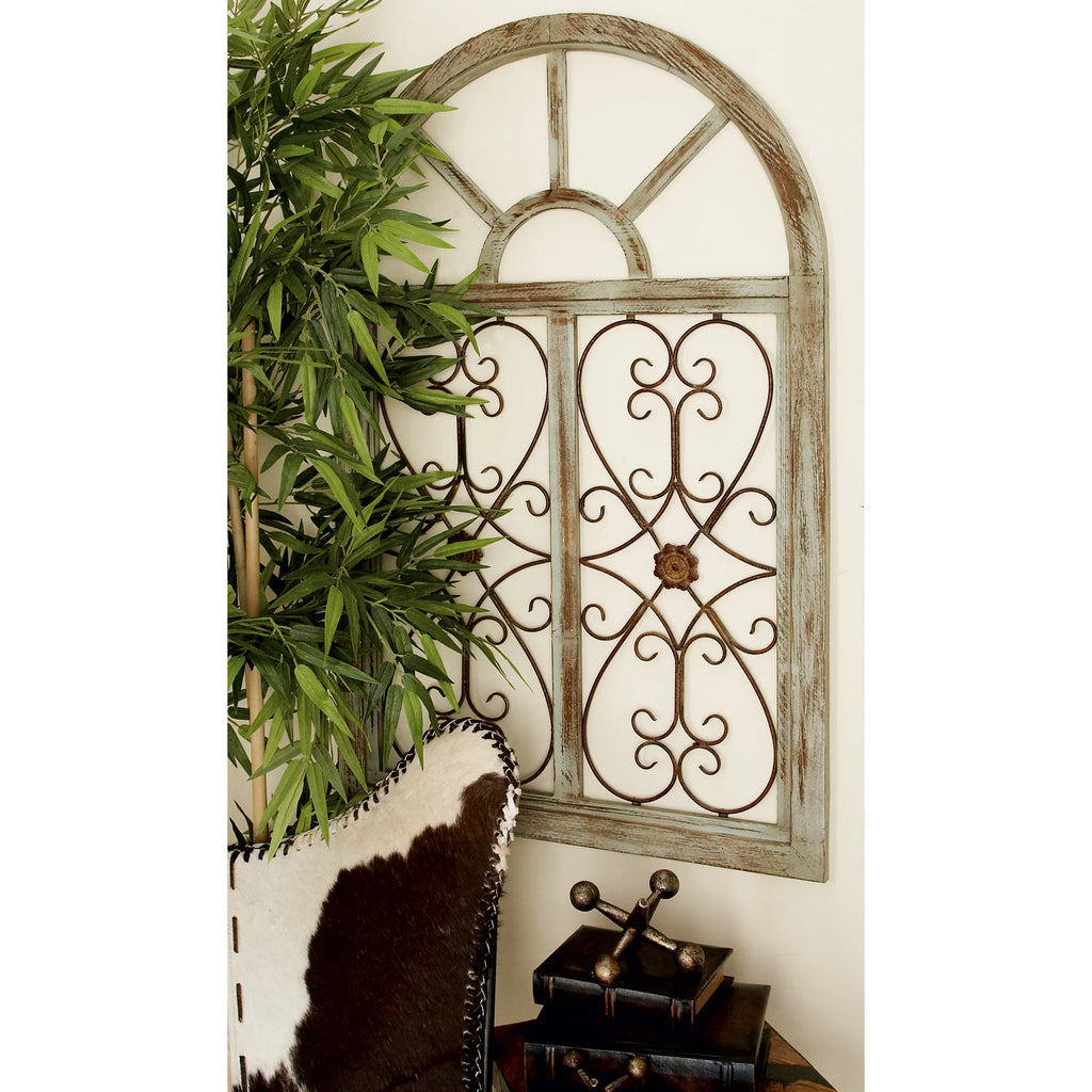 White Wood Arched Window Wall Decor with Metal Scrollwork I7228