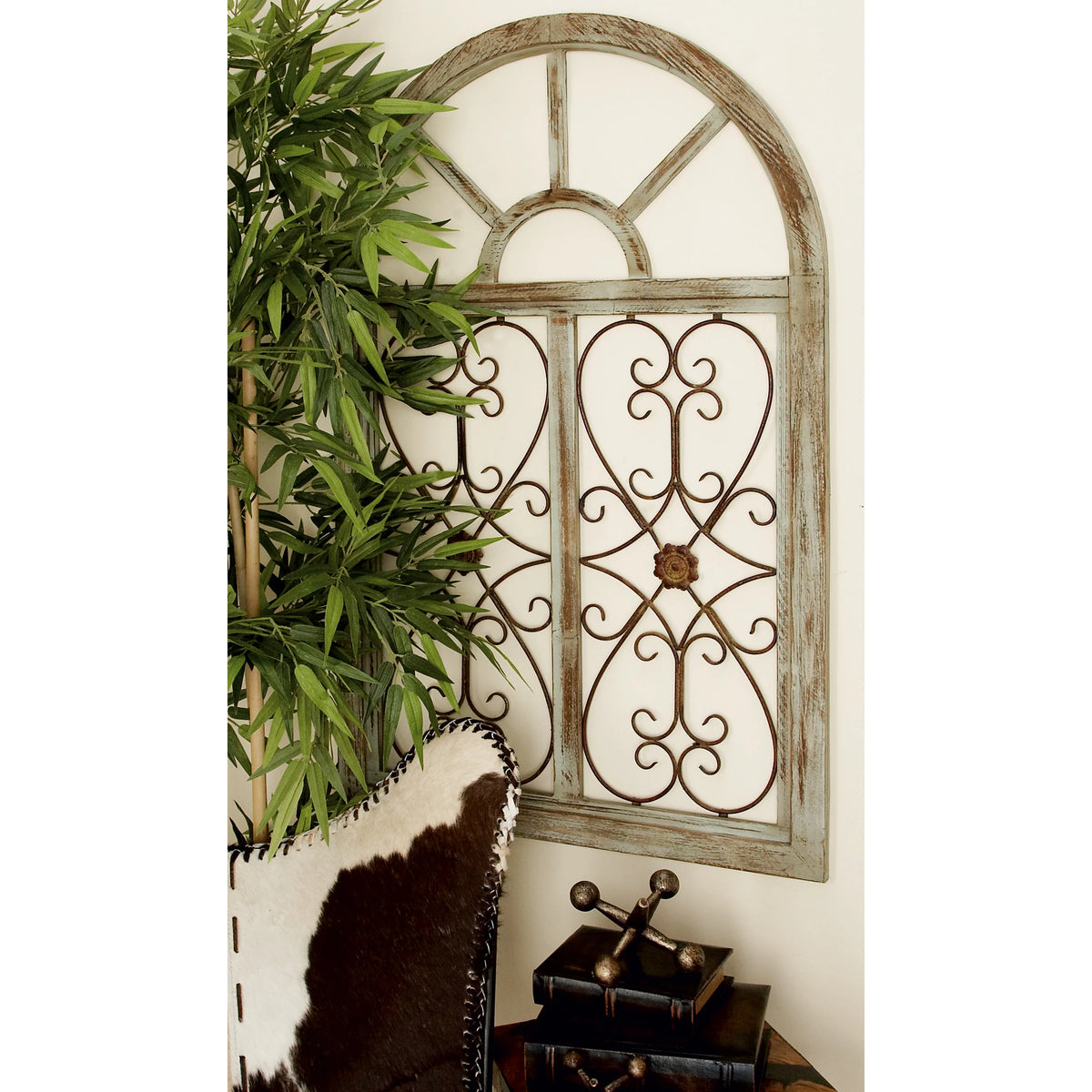White Wood Arched Window Wall Decor with Metal Scrollwork I7228