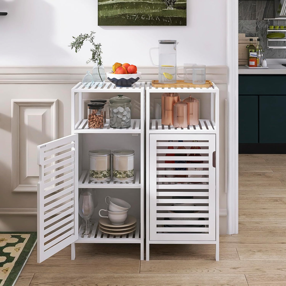 White Freestanding Bamboo Floor Cabinet with Adjustable Shelves and 4 Hooks L943024