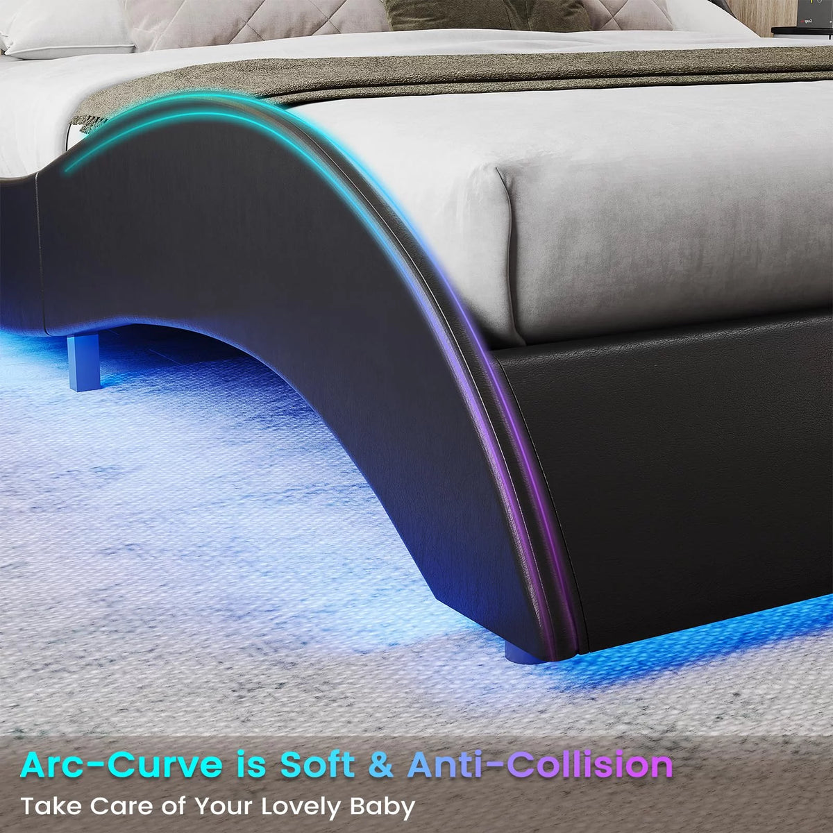 King Size Faux Leather Platform Bed Frame with Headboard and LED Lights E3454