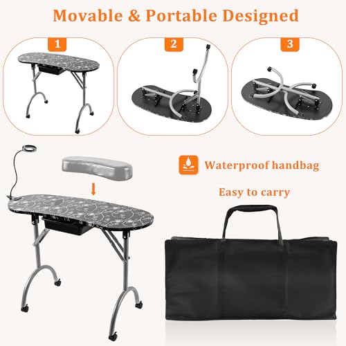 Pink Portable Manicure Nail Table with Drawer, LED Lamp, 4 Lockable Wheels, Carry Bag, Wrist Cushion, 30" H A5274