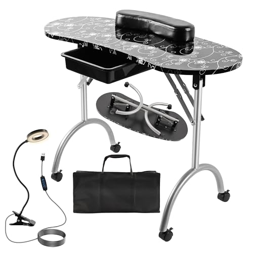 Pink Portable Manicure Nail Table with Drawer, LED Lamp, 4 Lockable Wheels, Carry Bag, Wrist Cushion, 30" H A5274