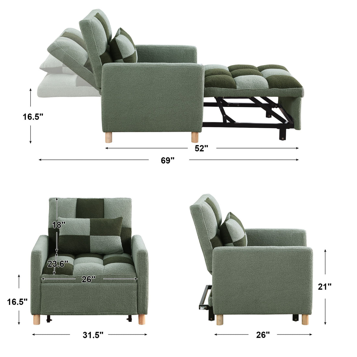 Convertible Sleeper Sofa Chair Bed with Pillow Teddy Fabric C723466