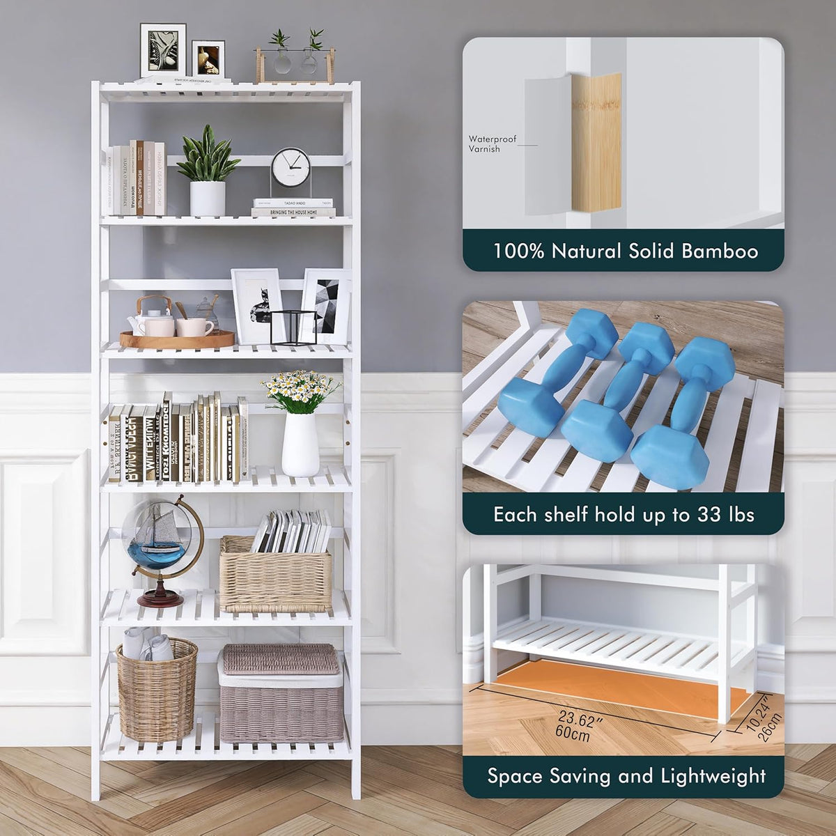 White Freestanding Bamboo Floor Cabinet with Adjustable Shelves and 4 Hooks L943024