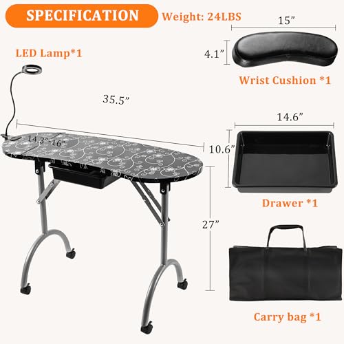 Pink Portable Manicure Nail Table with Drawer, LED Lamp, 4 Lockable Wheels, Carry Bag, Wrist Cushion, 30" H A5274
